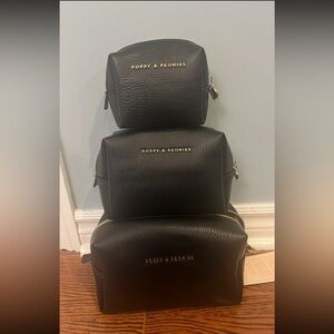 Poppy & Peonies Black Pebble cosmetic trio Leather with Gold Hardware
